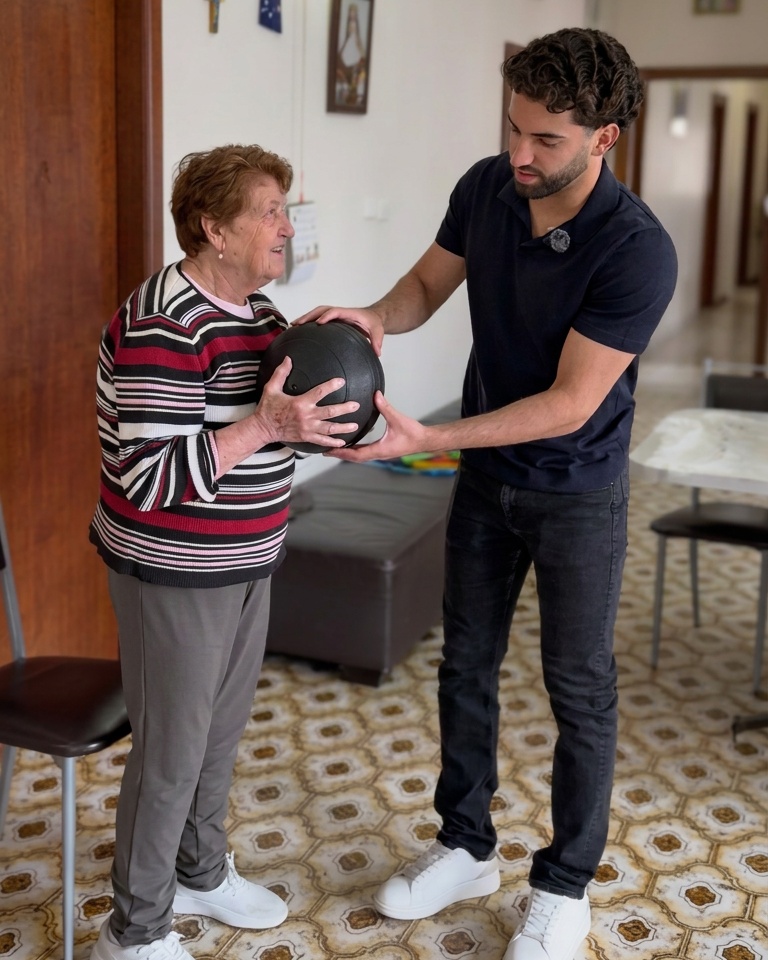 Christian supporting a client during a medicine-ball exercise at home
